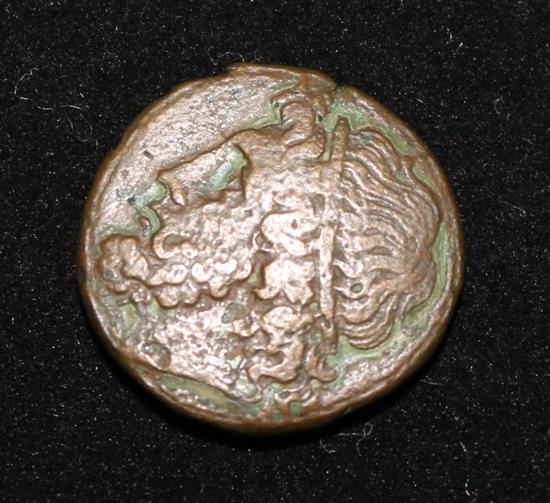 A Sicily Syracuse Hieron II bronze coin, c 275-216 BC, obverse, head of Poseidon, reverse, trident flanked by dolphins (worn)
